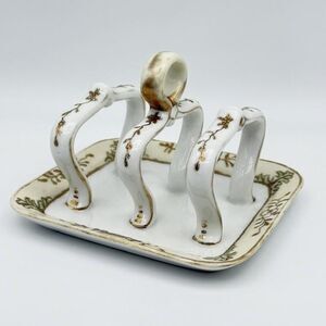 Antique Nippon Hand Painted Toast Rack Holder White Gold Flower Bead Trim 5 in